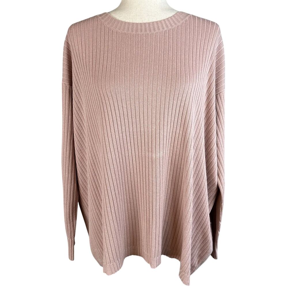 Eileen Fisher Peruvian Organic Cotton Lyocell Ribbed Knit Box Top Sweater Size L